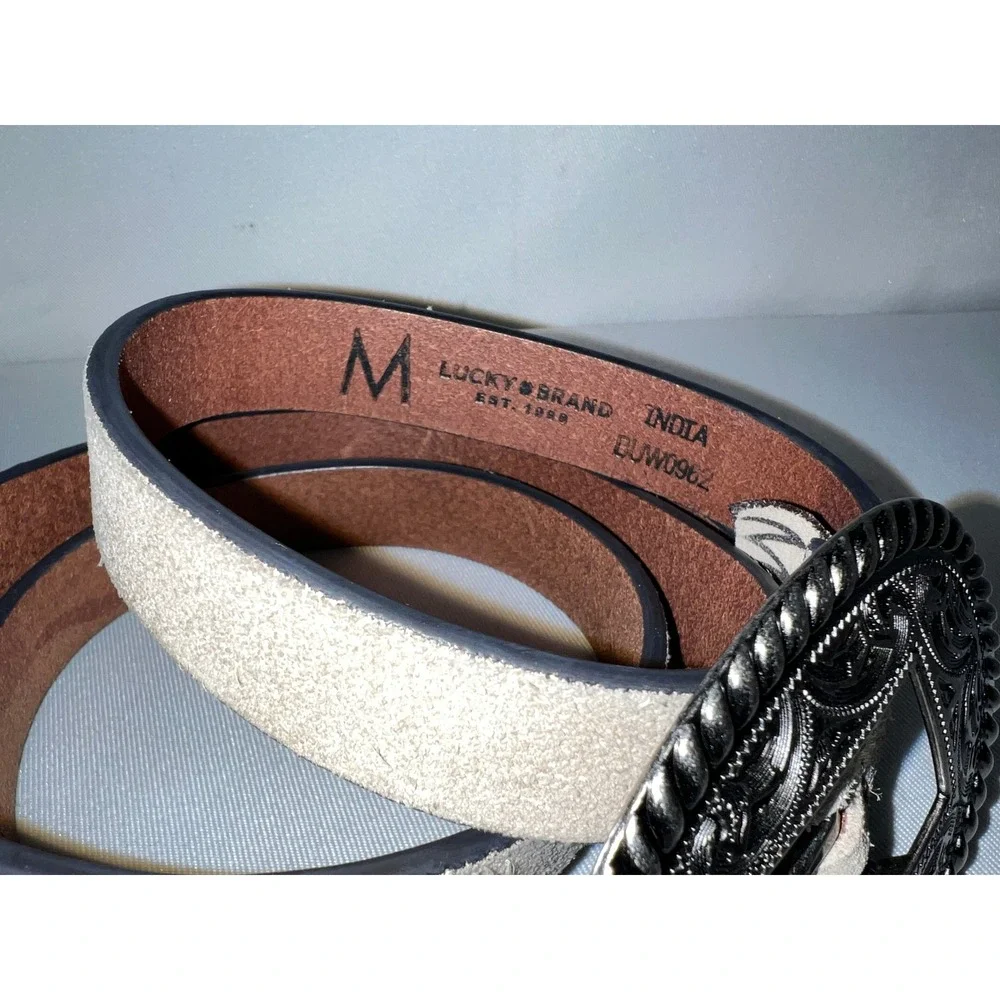 Lucky Brand Womens Suede Western Belt Beige Silver Engraved Buckle Sz M Medium‎